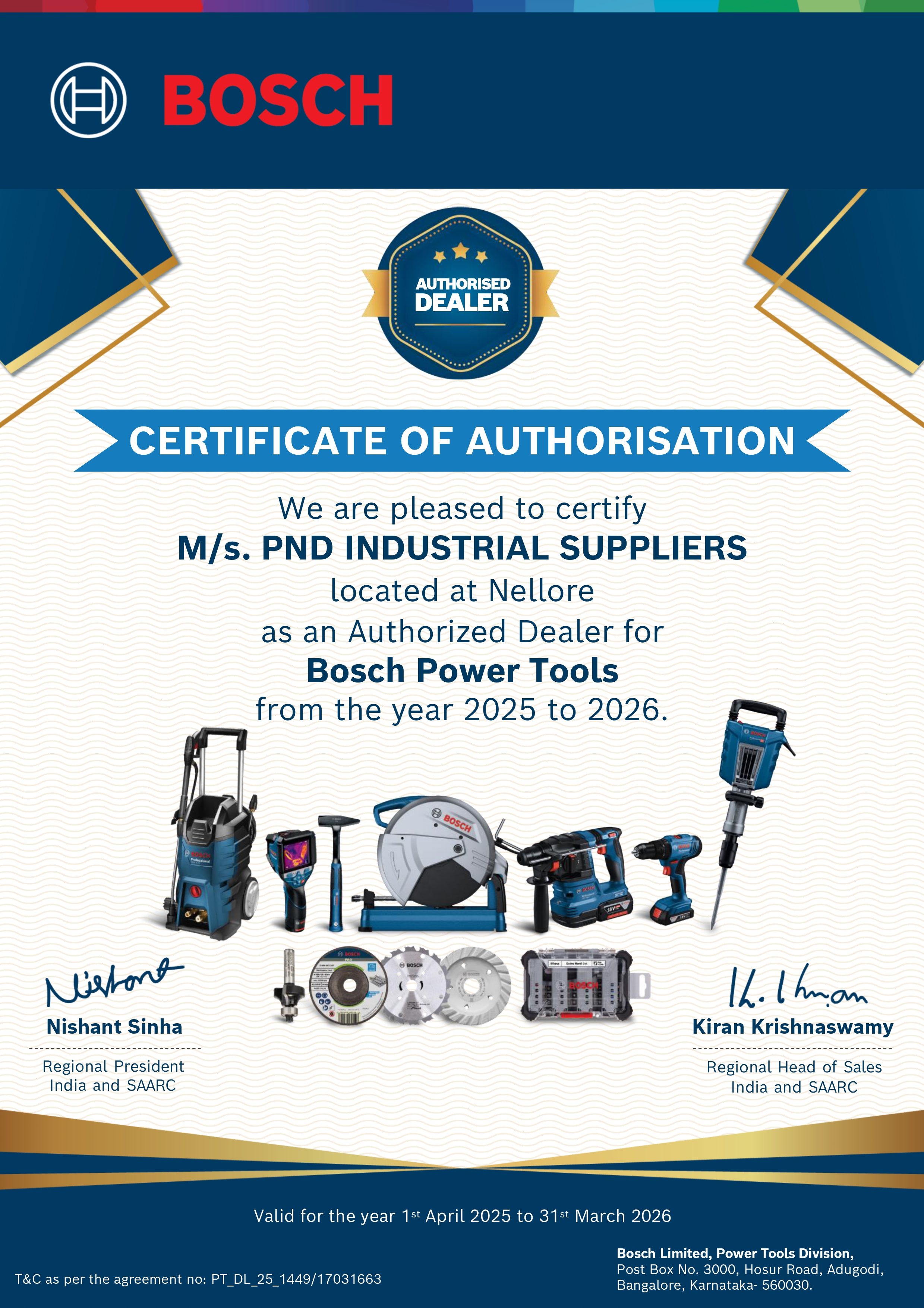 Bosch Authorized Dealer Certificate