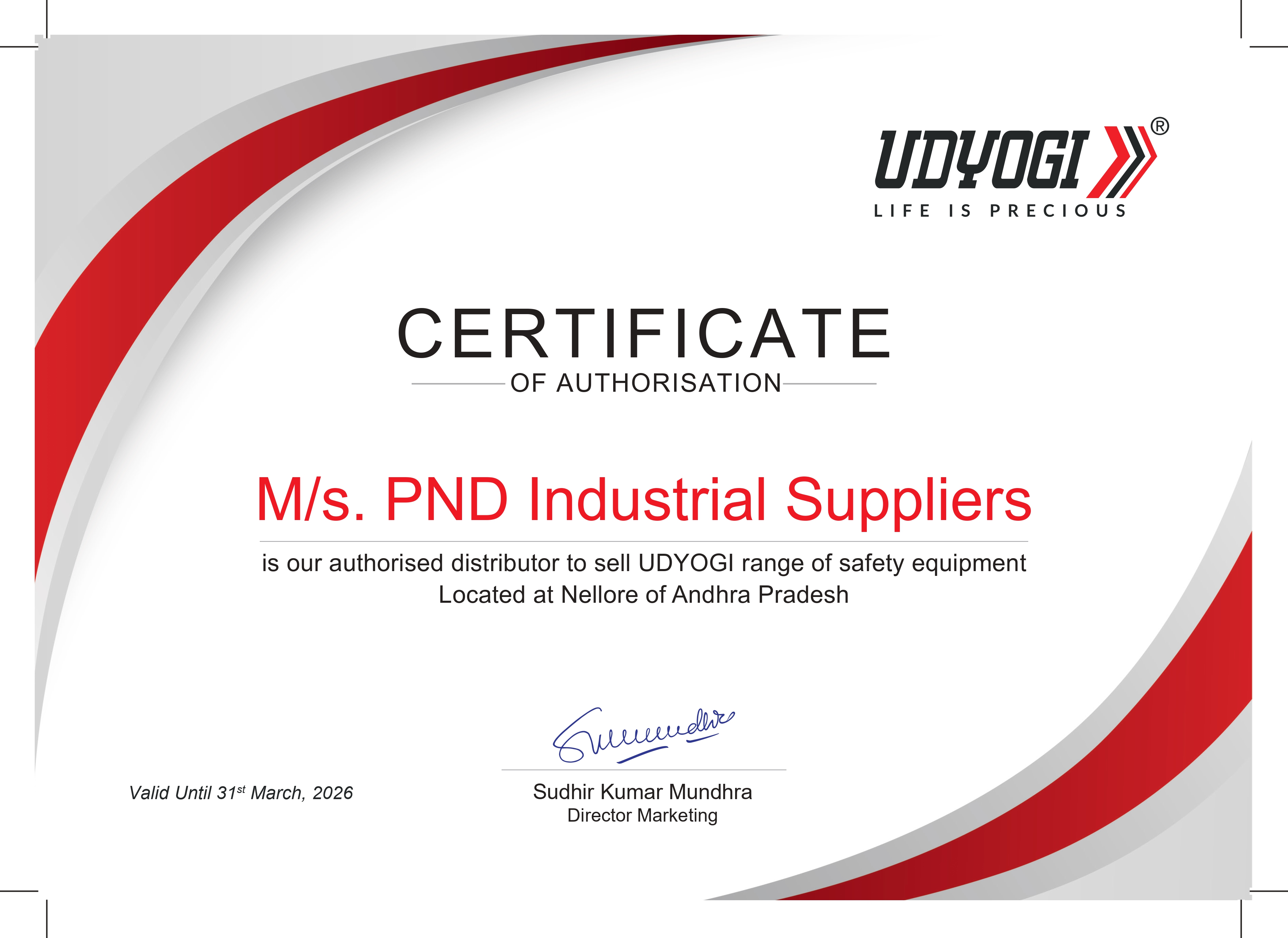 UDYOGI Authorized Distributor Certificate